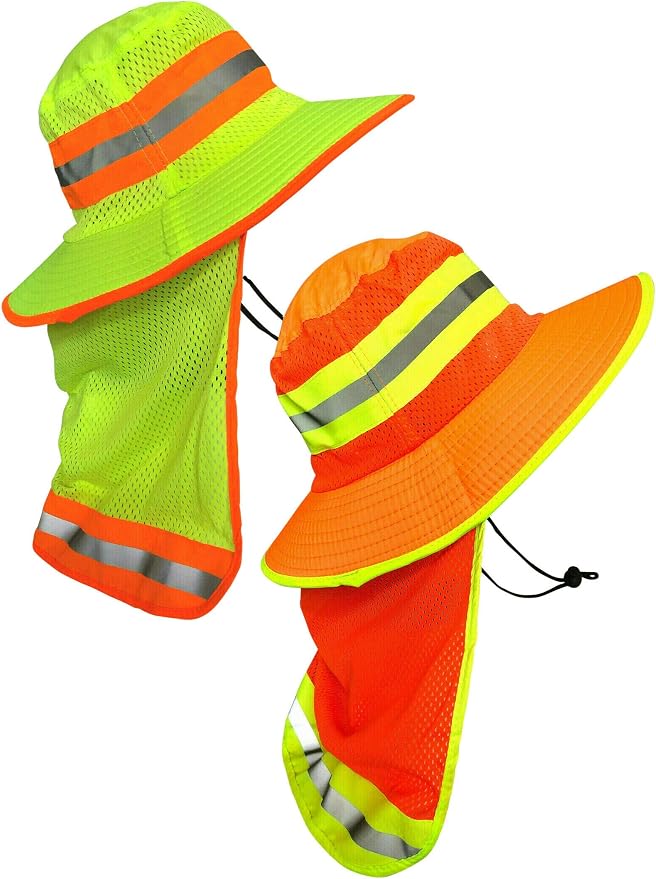 Men High Visibility Reflective Sun Hat with Neck Flap Wide Brim Boonie Hat Bucket Cap