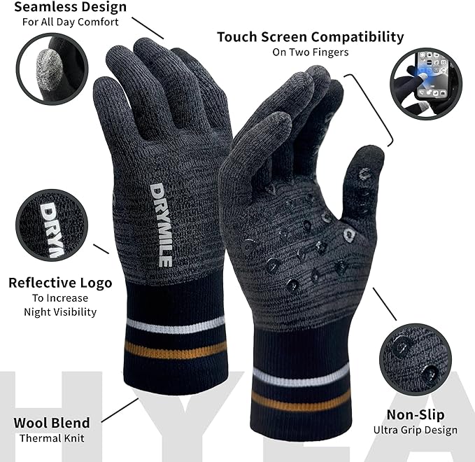 DRYMILE HYLA Waterproof Dexterity Gloves – All-Weather Wool Blend Gloves for Men & Women – Touchscreen & Non-Slip Grip – Hiking, Cycling, Fishing, Hunting & Work.