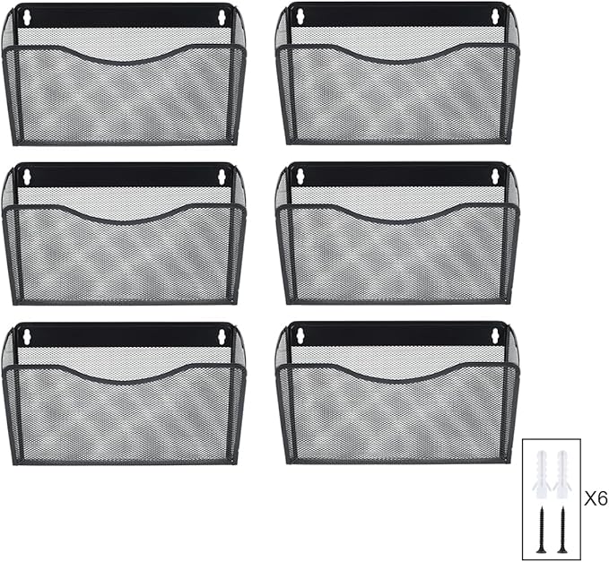 PAG 6 Pockets Wall File Holder Office Hanging File Organizer Metal Wall Mount Magazine Rack, Black
