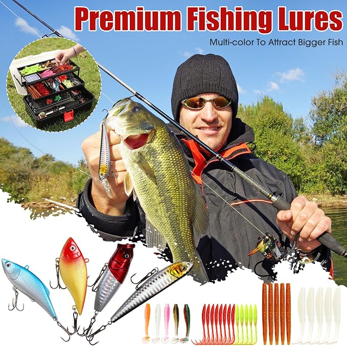 517 Pcs Father's Day Large 3 Layers Tackle Box with Tackle Fishing Lures Kit Included Pliers, Fish Lip Gripper, Crankbait, Hooks, Other Accessories Fishing Kit for Men Gifts(Black White)