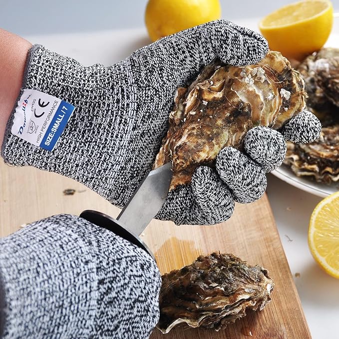 Dowellife 12 Pairs Cut Resistant Gloves Food Grade Level 5 Protection, Safety Kitchen Cuts Gloves for Mandolin Slicing, Fish Fillet, Oyster Shucking, Meat Cutting and Wood Carving (Black Gray, Small)
