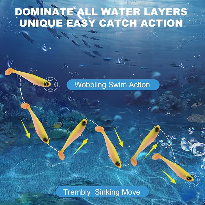5 Pcs Pre-Rigged Soft Fishing Lures, 3.5In Paddle Tail Jig Heads Swim Bait, Realistic Movement Easy Catch Fishing jigs Lure, Fishing Baits for Freshwater Saltwater Bass Trout Baits