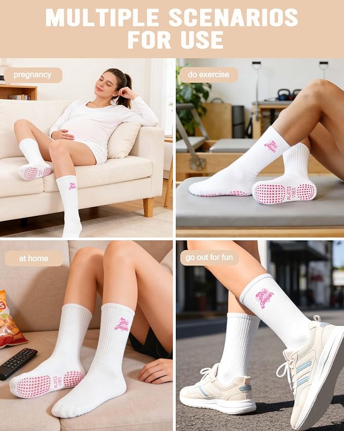 Cute Pilates Grippy Socks, Pink Pilate Gifts for Women, Crew Grip Socks for Studio Pilate.