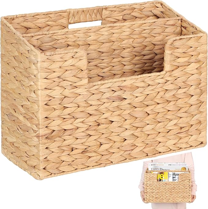 Handwoven Divided Water Hyacinth Wall Magazine Holder - Natural Hanging Organizer for Mail, Newspapers & Magazines, Books & Files - Divided Magazine Basket for Entryway, Living Room, Office