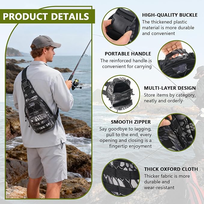 Fishing Backpack Small Fishing Tackle Storage Bag with 3 Methods of Carrying Large Capacity Sling Backpack for Outdoor Hiking Travel Hunting (Pythonskin Black)
