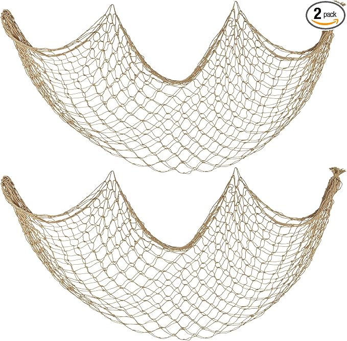 Decorative Fishing Net 2 Pack, 5x10 ft Large Caramel Fish Net Decor for Wall, Photo Display, Nautical Mermaid Pirate Ocean Themed Beach Hawaii Under the Sea Party Decorations
