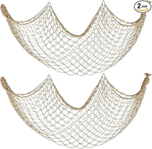 Decorative Fishing Net 2 Pack, 5x10 ft Large Caramel Fish Net Decor for Wall, Photo Display, Nautical Mermaid Pirate Ocean Themed Beach Hawaii Under the Sea Party Decorations