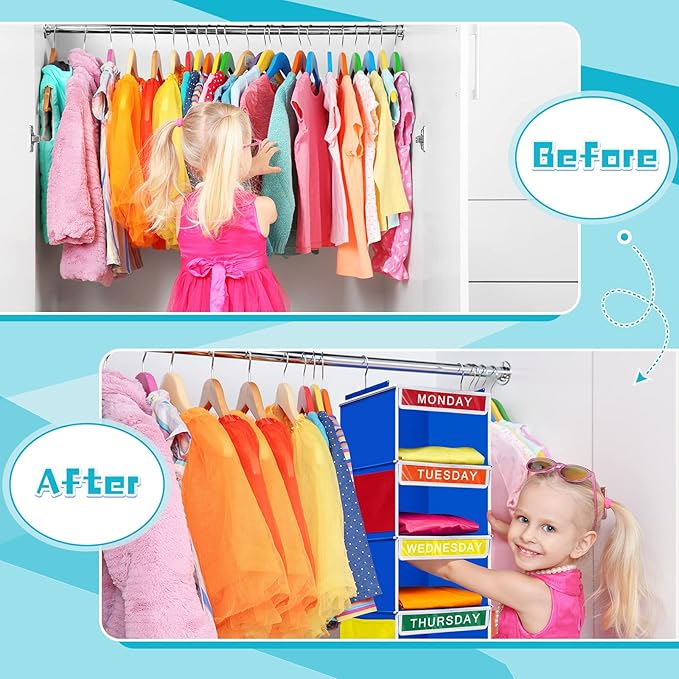 Amylove 2 Pcs 7 Shelf Weekly Clothes Organizer for Kids Hanging Closet Organizer 11. 8 x 11. 8 x 50 Inches Daily Activity Kids Clothes Storage Drawers Cube Drawers Closet Hanging Shelves(Blue)