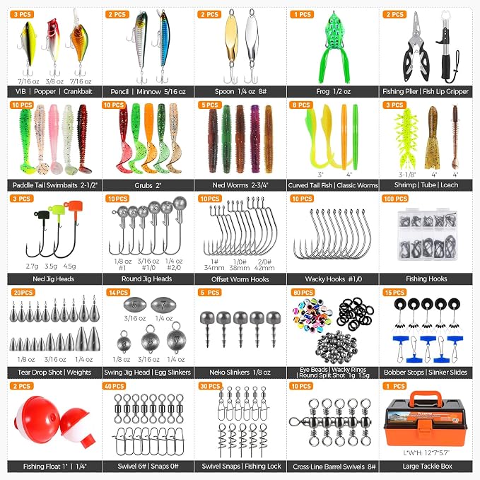 PLUSINNO Large 3 Layers Fishing Tackle Box with Tackle Included, 415Pcs Fishing Lures Kit Contains Pliers, Crankbait, Hooks, Weights & Accessories, Fishing Gear Gifts for Men Starter Kits Bass Trout