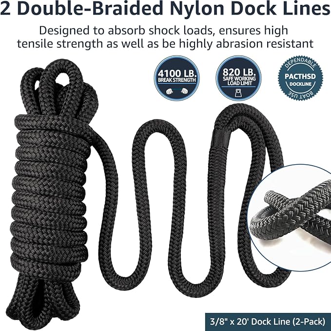 2 Pack 3/8" x 20' Dock Lines - Marine Grade Nylon Boat Rope with 12" Loop for Docking and Mooring - Double Braided Boat Lines, High Strength, Easy Handling, Fray Resistant - Black
