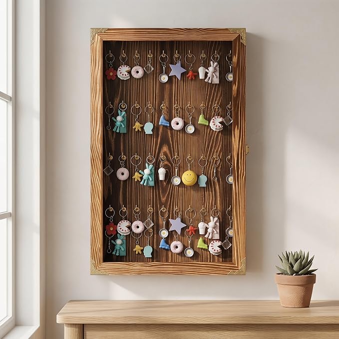 tonchean Keychain Display Case Wall Cabinet Fishing Lures Baits Display Case Pocket Watches Display Case, 24.4in(H) x14.2in(Wx2.6in(D), Brown