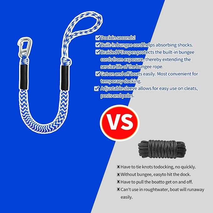 Boat Bungee Dock Lines – Adjustable Boat Tie Downs for Pontoon, Jet Ski, PWC, Kayak | Single Hook Small Cruiser Mooring Lines | (2, Blue & White, 3 Feet)