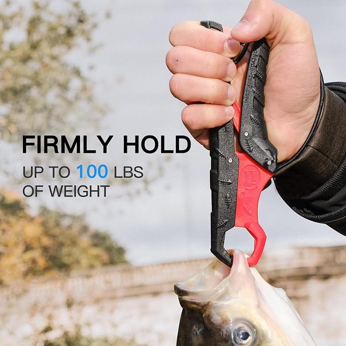 SNAIL TRAIL 7.5'' Floating Fish Gripper, Fishing Grabber, Catfish Mouth Pliers, Caught Bass Holder, Digital Scale Hook Clamp, Saltwater Lip Grip Tool with Lanyard, Gifts for Men, Black-Red