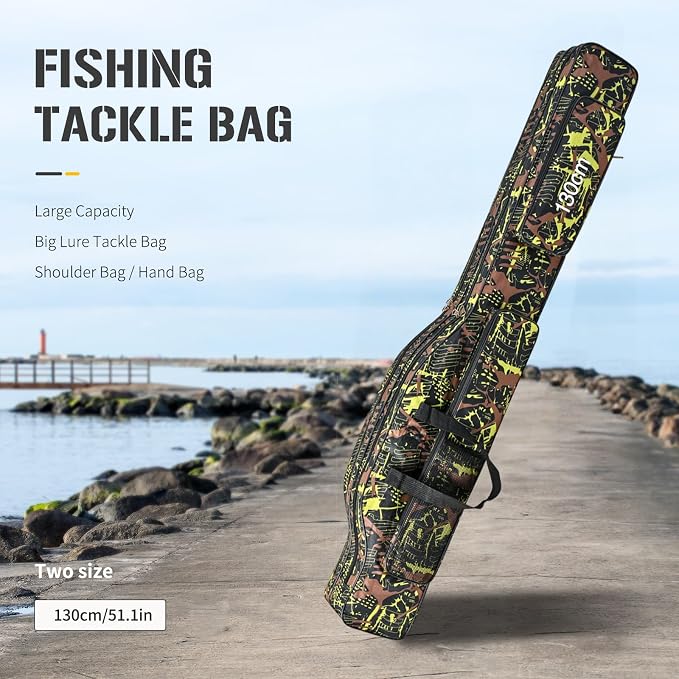 Travel Fishing Rod Case, 3 Layer Fishing Pole Bag Heavy Duty, Waterproof 600D Oxford Rod Holder with Shoulder Strap, Protective Carrying Case for Fishing Rods Reels Tackle, 51 Inch for Men & Women