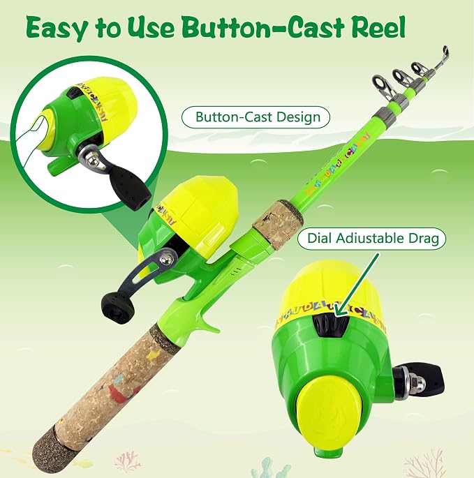 Kids Rod Set, Kids Fishing Rod and Reel Combo and Fishing Net Tackle Box with Fishing Lure Hook and Bag for Girls Beginners, Kids, Youth Anglers