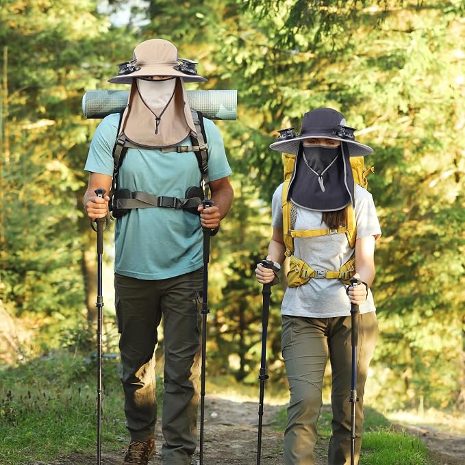 Glitopper 2 Pcs Solar Fan Hat with 2 Fan Wide Brim Removable Face Cover Cooling Fishing Buckets Hats