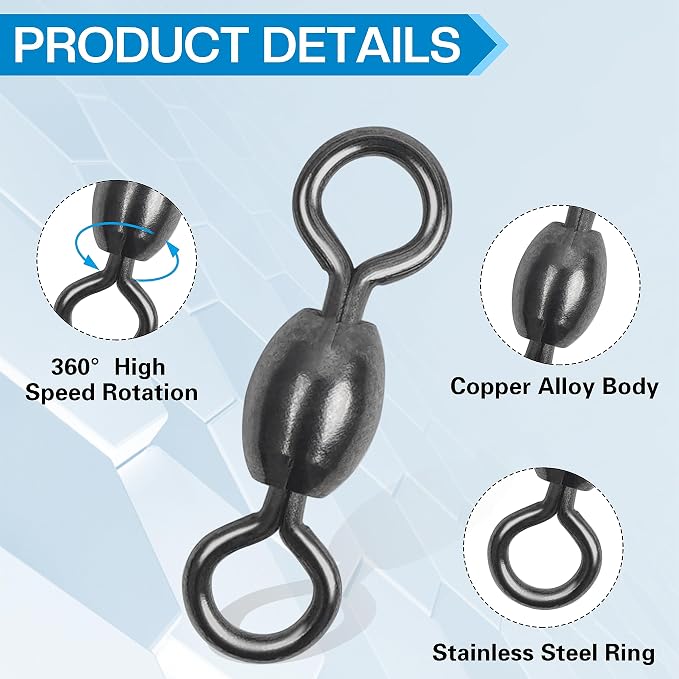 Barrel Swivels Fishing Tackle Kit, 300pcs Crane Ball Bearing Fishing Swivel with Solid Ring Black Stainless Steel Fishing line Hook Connector Fishing Gear Accessories for Saltwater Freshwater