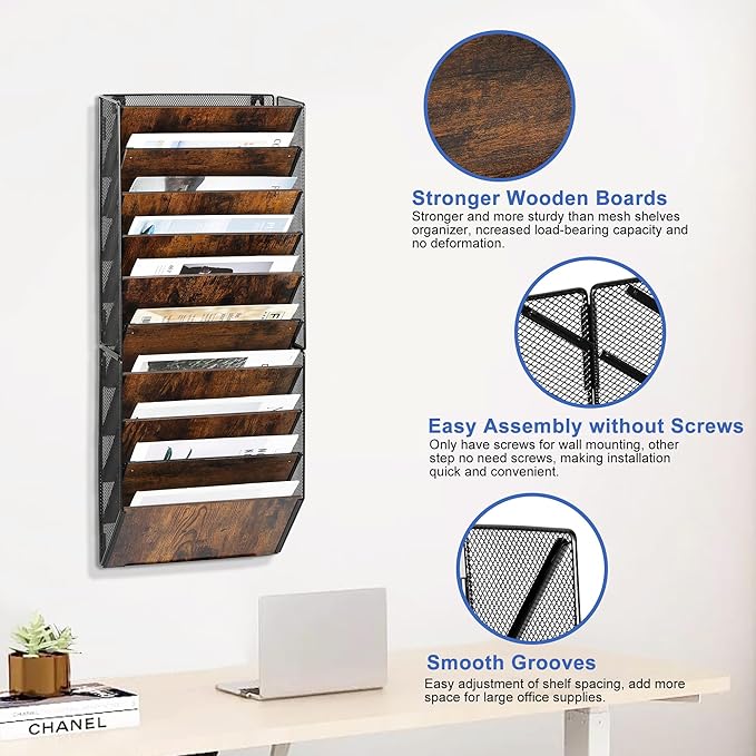 TQVAI 10-Pocket Hanging Wall File Organizer - Metal Folding Wall Mounted Mail Document Holder, Multi-Purpose Clipboard Storage Rack for Office, Homeschool, Classroom Organization, Black/Vintage