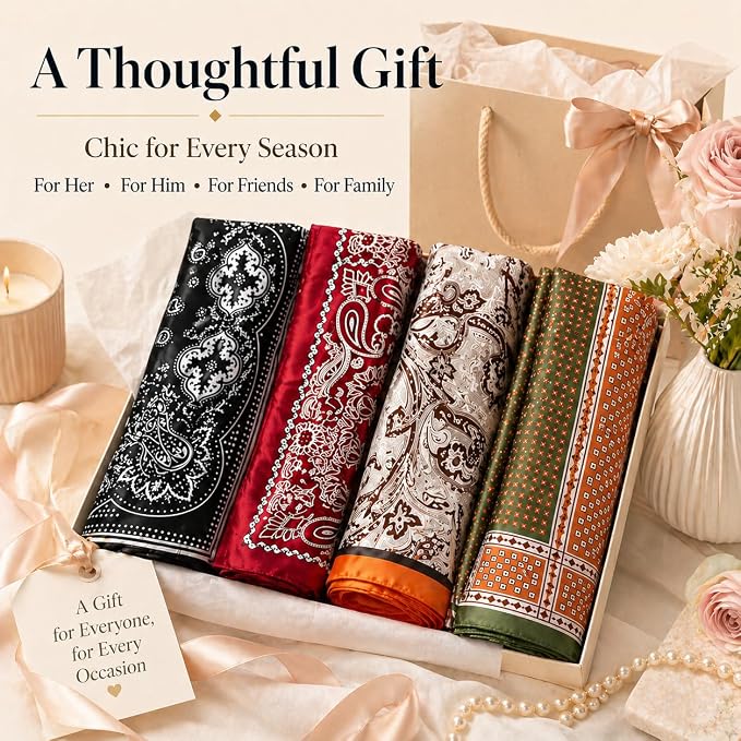 4PCS Neck Scarf Bandanas for Men and Women, Silk Feeling Head Scarfs, Fashion Neckerchief Square Purse Scarf