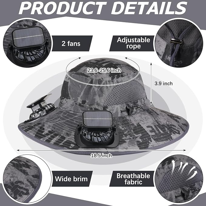 Glitopper 2 Pcs Solar Fan Hat with 2 Fan Wide Brim Removable Face Cover Cooling Fishing Buckets Hats