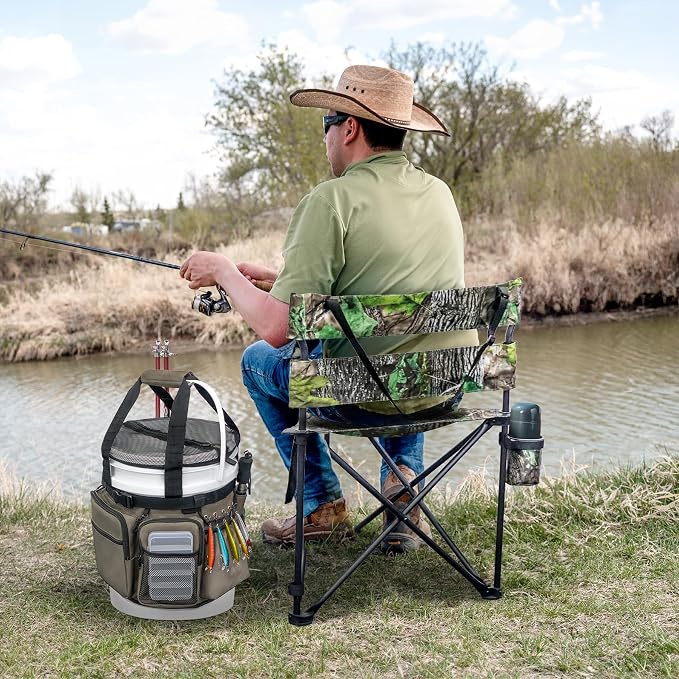 Fishing Bucket Organizer with Bucket Cover Fishing Tackle Bag with Rod & Plier Holder, Multi-Pockets for 5 Gallon Bucket Fishing Gear & Accessories Father Gifts