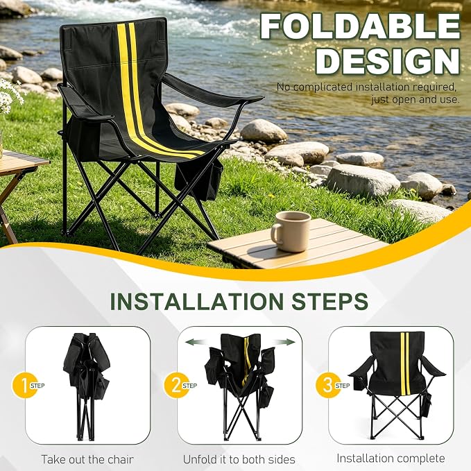 Outvita Heavy Duty Camping Chair with Insulated Cooler, 350LBS Folding Portable Chair with Cup Holder, Side & Back Pockets, Outdoor Foldable Chair for Camping Fishing Tailgating Beach