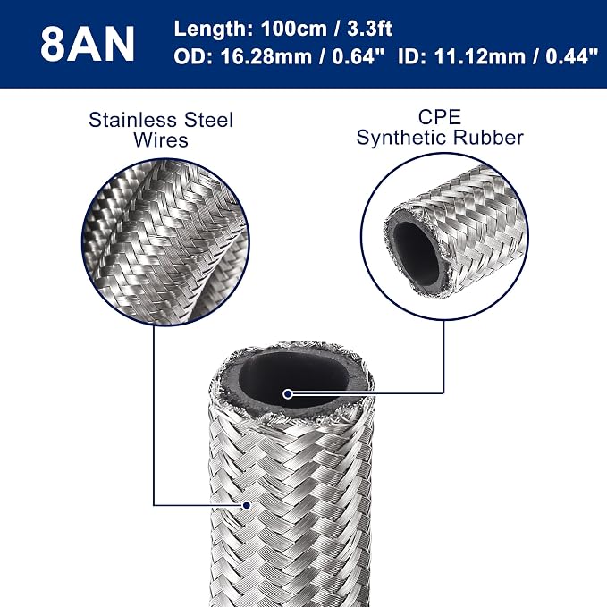 X AUTOHAUX Car Stainless Steel Braided Mesh Hose 3.3ft 1/2" AN8 Fuel Hose Oil Gas Line Silver Tone