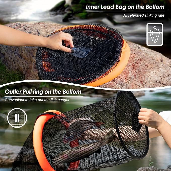 QualyQualy Floating Fish Basket for Live Caught, 10/15 Gallons Foldable Fishing Holder Minnow Bucket Portable Collapsible Fishing Net Storage Cage for Live Fish Bait Live Well