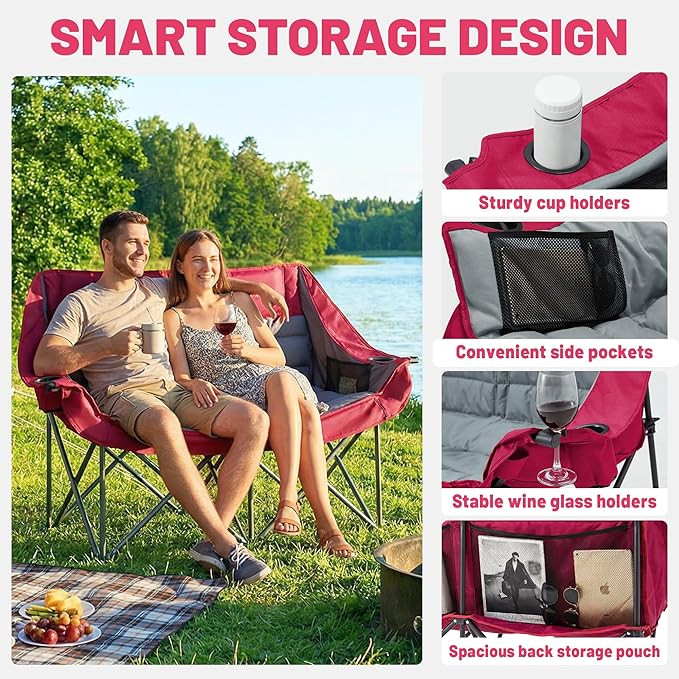 Youtanic Oversized Extra Large Double Padded Camping Chair up to 660lbs, Folding Loveseat Camp Couch with Pocket, Carry Bag, Portable Camping Chairs for Adults, Fishing, Sports, Trip, Red