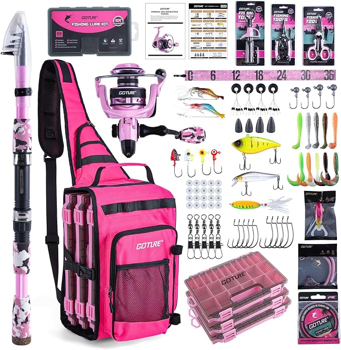 Goture Pink Fishing Rod and Reel Combo - ML Action Spinning Reel Pole with Pink Bag - Telescopic Rod Kit for Starter Travel Saltwater Freshwater, Gift for Woman