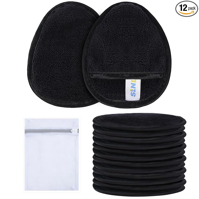 SINLAND Reusable Makeup Remover Pads For Face,Eye,Lips Microfiber Gentle Facial Cleansing Cloths for All Skin Types Friendly for Makeup Remover With Laundry Bag Black Pack of 12
