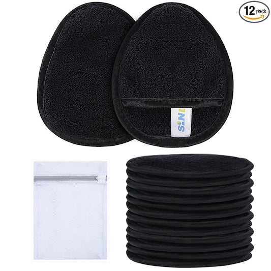 SINLAND Reusable Makeup Remover Pads For Face,Eye,Lips Microfiber Gentle Facial Cleansing Cloths for All Skin Types Friendly for Makeup Remover With Laundry Bag Black Pack of 12