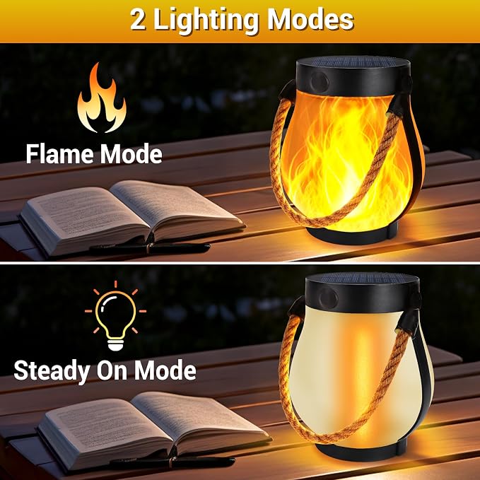 Toodour Solar Lanterns Outdoor Lights, 2 Pack Waterproof Flickering Flame Hanging Lanterns with 2 Modes, Dual Charging USB/Solar Solar Lights for Camping Patio Garden Yard Porch Deck Outdoor Decor
