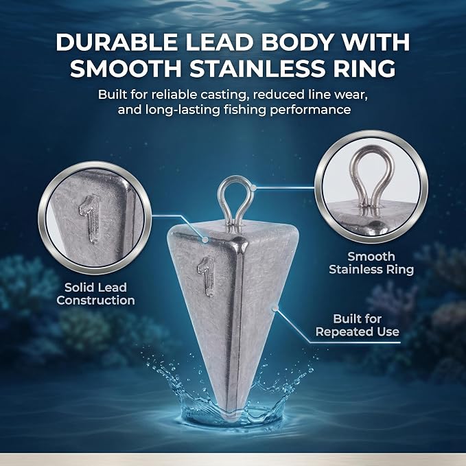 12Pcs Pyramid Sinkers 5 Sizes (1oz–5oz),Surf Fishing Gear – Anti Roll Durable Lead Weights for Freshwater and Saltwater Fishing Weights,for Catfish Rigs, Pompano Rigs, Bottom Fishing