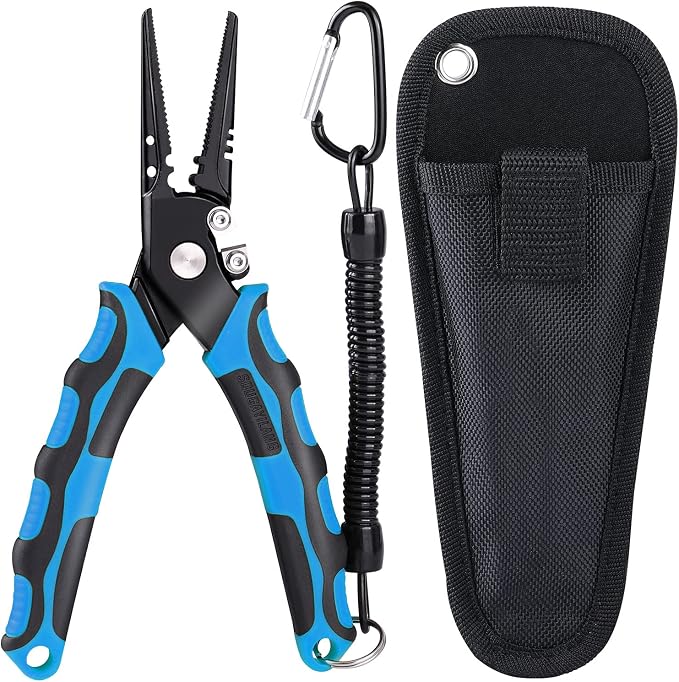 Sougayilang Fishing Pliers,Sheath and Lanyard Tungsten Carbide Cutters,420 Stainless Steel Fishing Tools,Saltwater Resistant Fishing Gear with Rubber Handle-7.5'' Straight Nose - Blue