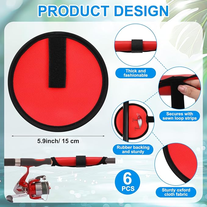 12 Pcs Fishing Rod Sleeves and Lure Wraps Fishing Rod Socks Pole Covers with Lanyard and 5.91 Inch Lure Covers for Fly, Casting, Sea Fish Rods Protector (Red)