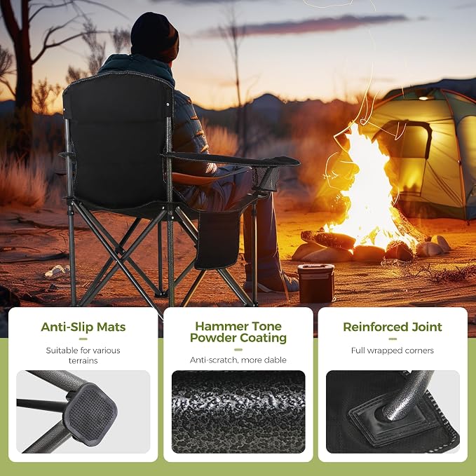 ALPHA CAMP Oversized Camping Chair 500 LBS Capacity Fully Padded Heavy Duty Lawn Chair for Heavy People, Fully Padded Portable Outdoor Chair with Cooler Bag for Camping, Fishing, Beach,1PC