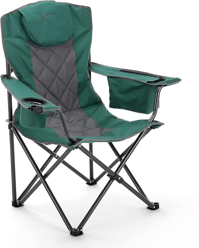 ARROWHEAD OUTDOOR Deluxe Folding Camp Chair – 550lb Capacity Heavy-Duty Quad Chair with Integrated Cooler, Headrest, and Dual Cup Holders.
