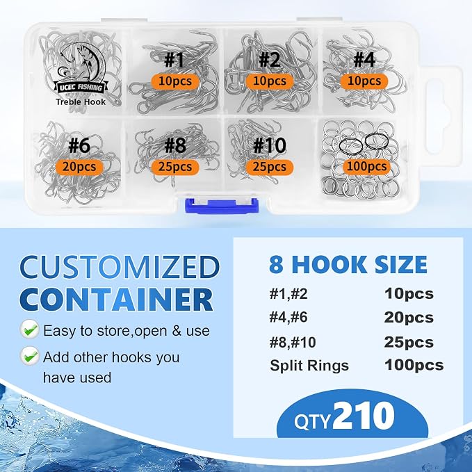 UCEC Fishing Hooks Treble Hooks Kit for Saltwater Freshwater, High Carbon Steel Strong Sharp Round Bend for Catfish Trout Hard Baits Lures, Size #1#2#4#6#8#10#12#14 110/50/210 Pack with Split Rings