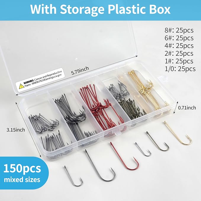 Crappie Panfish Fishing Hooks Aberdeen Hook Kit, 150pcs Fishing Hooks Long Shank Light Wire Crappie Hooks High Carbon Steel Live Bait Fishing Hook Freshwater Panfish Bass Catfish Trout Small Size