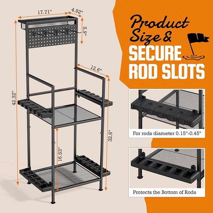 YQSLYSF Fishing Rod Holders for Garage with Pegboard & Metal Mesh Basket, Fishing Rod Storage Rack, Vertical Fishing Pole Holder for Up to 12 -24 Poles, Tackle Gear Organizer