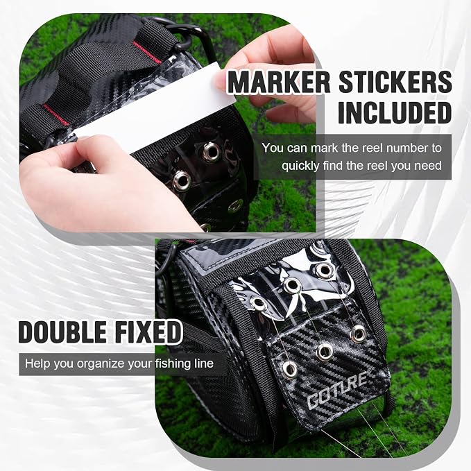 Goture 3/6 Outlet Holes Fishing Line Storage Bag, 2 Sizes Clear View Window Fishing Line Case, Removable Divider Fishing Line Organizer, Water-Resistant Surface, Tangle-Free Leader Line Spool Bag