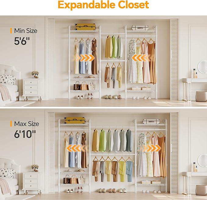 W3 Wall Mounted Closet System, Expandable Clothes Rack Heavy Duty Garment Rack Clothing Rack for Hanging Clothes, Industrial Pipe Closet Rack for Reach in Closet, White
