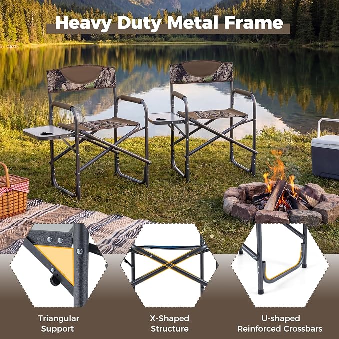 COSTWAY Folding Camping Chair, Lightweight Portable Directors Chair w/Side Table & Cup Holder, Padded Outdoor Heavy Duty Lawn Chair for Fishing, Picnic, Sports, Beach, Max Load 400 lbs (Camouflage,2)