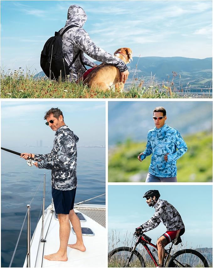 FISHEAL Men's Performance Fishing Hoodie Shirt - UPF 50+ Sun Protection Long Sleeve Thumbholes Shirts with Neck Gaiter