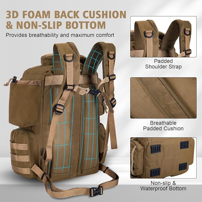 Goture Fishing Backpack,900D Water-Resistant Tackle Backpack with Rod Holders,45L Large Fishing Bag Storage Gear Tackle Bag with Rain Cover,Bottle Holder for Travel Camping Hiking(Without Tackle Box)