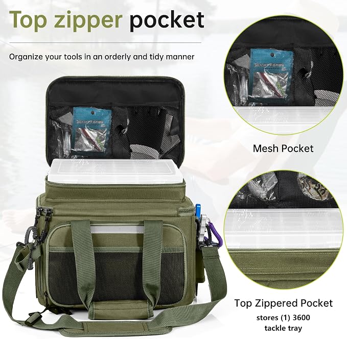 Fishing Tackle Bags with 4 * 3600 Tackle Trays - Saltwater & Freshwater Fishing Gear Bag Padded Shoulder Strap Tackle Box Bag (Green)
