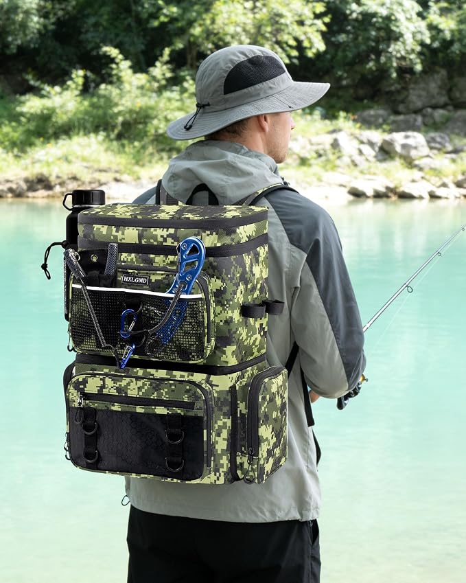 HXLGMD Fishing Backpack with Rod Holders, Double Layer Large Water-resistant Tackle Bag Store Gear with Cooler, Green