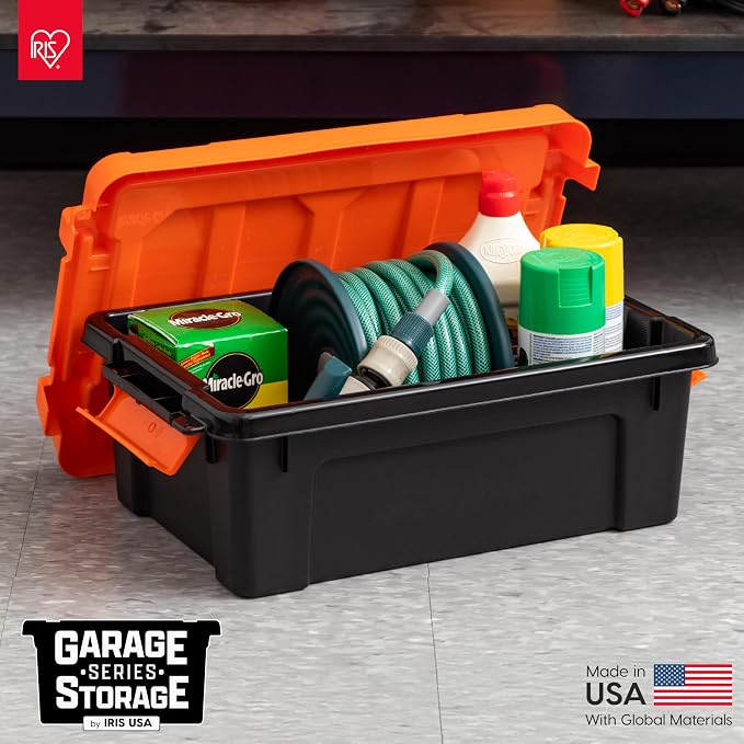 IRIS USA 3 Gallon Lockable Storage Bins with Lids, 5 Pack - Made in USA, Heavy Duty, Stackable Containers, Garage Organizing Bins Moving Tubs, Rugged Sturdy Equipment Utility Box - Black/Orange