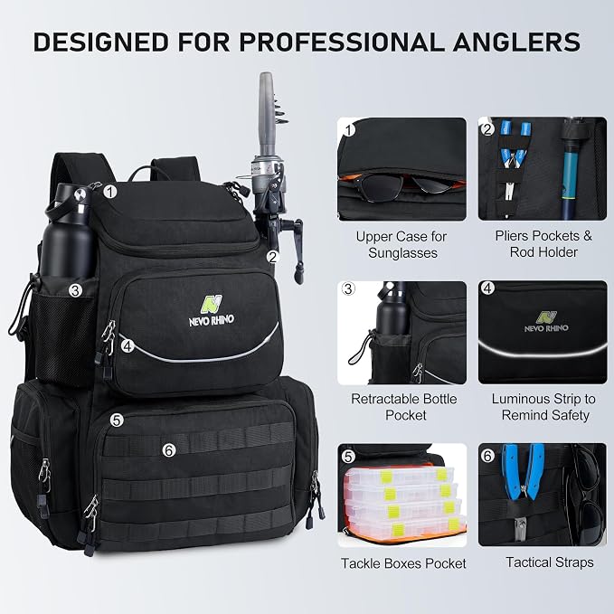 N NEVO RHINO Fishing Tackle Backpack with Rod Holders, 40L Large Fishing Bag with Waterproof Rain Cover,Outdoor Tackle Bag